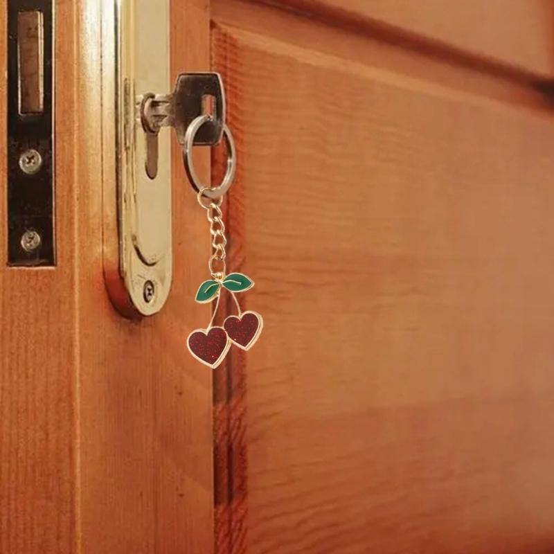 Creative Cherry Keychain Leather Fruit Double Heart Key Chain Pendant Bag Ornament Accessories for Car Key Bag Purse