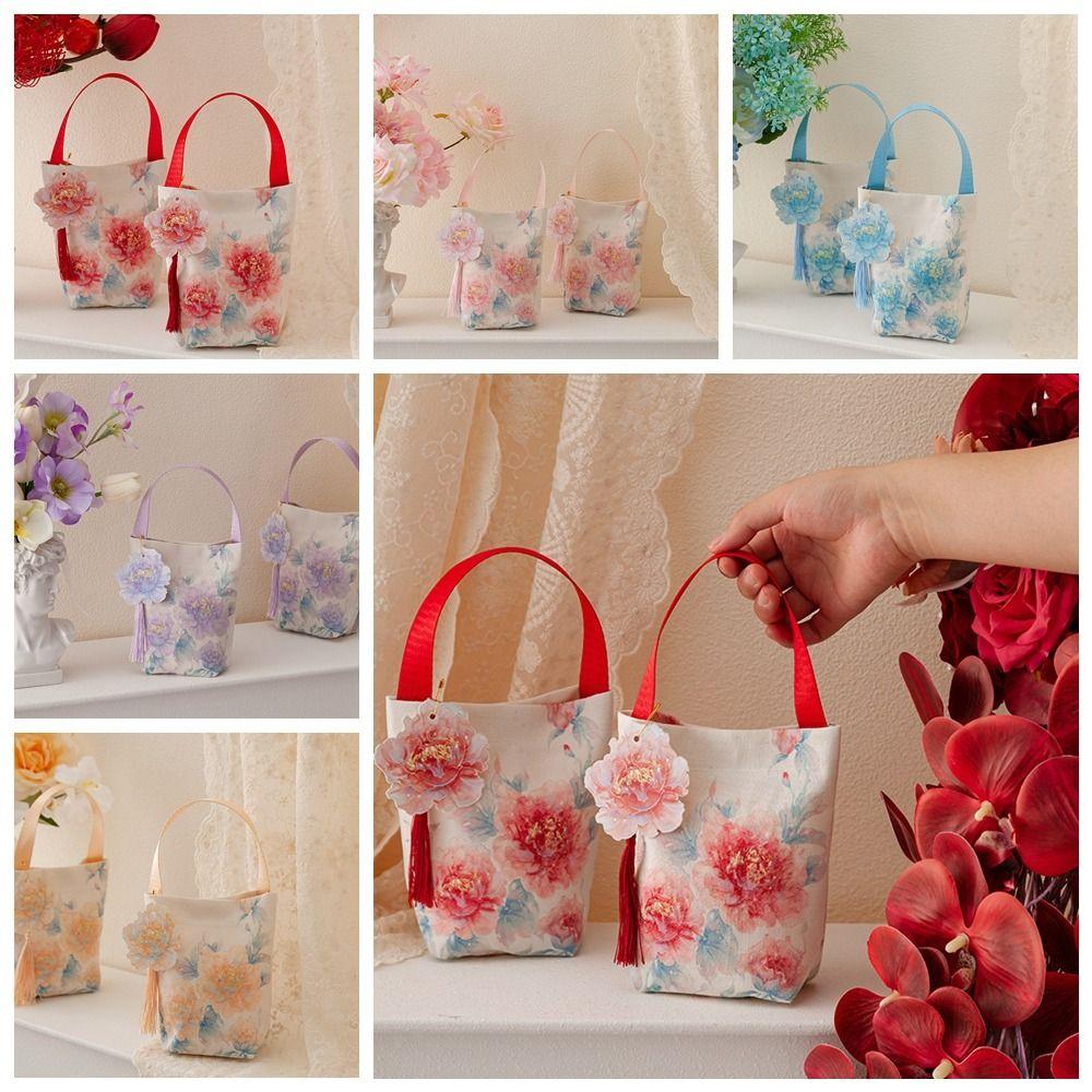 Temperament Chinese Style Handbag Printing Wedding Candy Bag Flower Tassel Wrist Bag  Festival