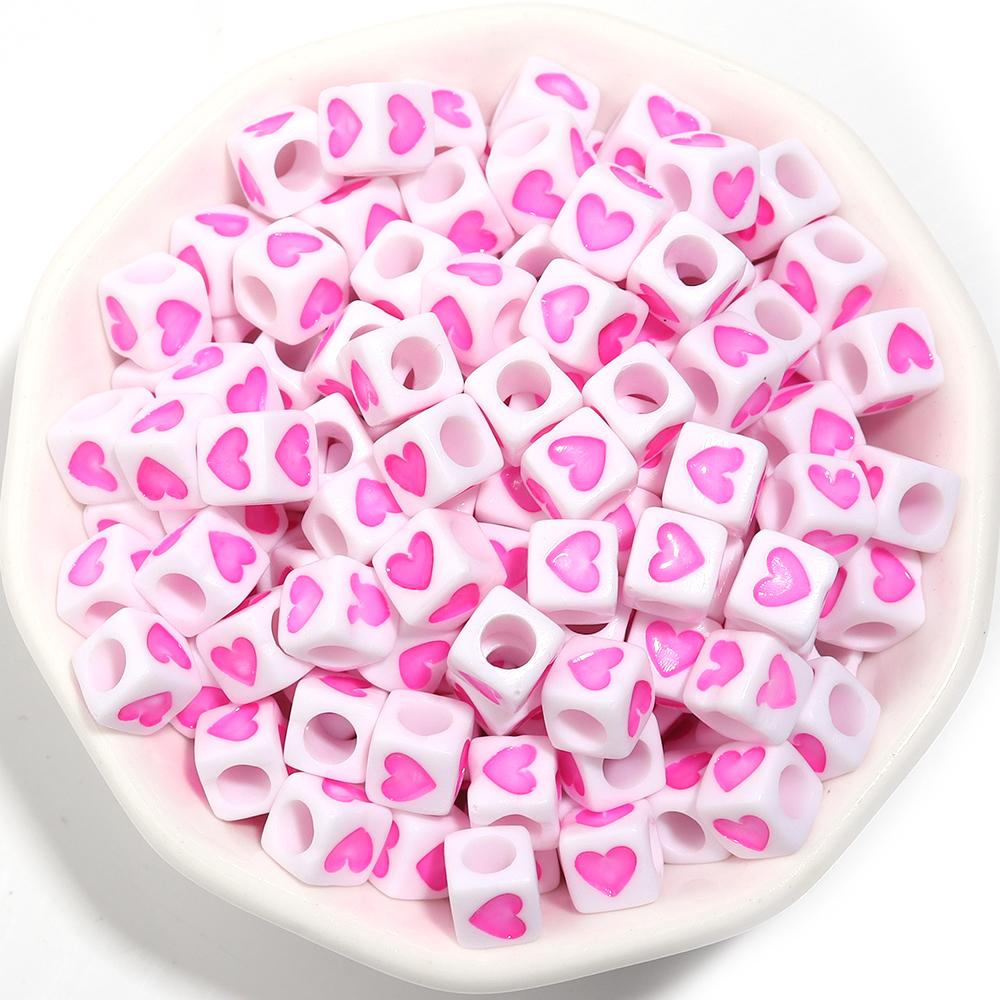 100Pcs 6mm Acrylic Drop Oil Beads Colorful Heart Pattern Square Loose Beads For DIY Bracelets Phone Chains Jewelry Supplies