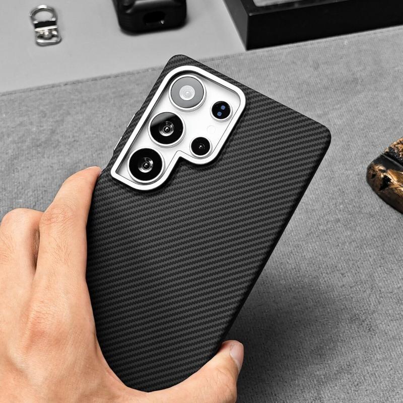 For Samsung Galaxy S26 S25 Ultra Galaxy S24 S23 Plus Case Magnetic Matte Carbon Fiber Pattern Hard Cover Metal Lens Frame Shell
