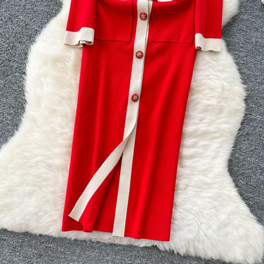 Women's French Retro Color Clashing Lapel Single-breasted Waist Temperament Split Knee-length Knit Dress