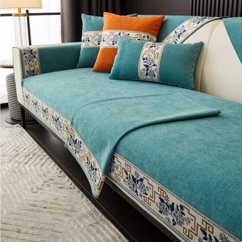 Solid Color Anti-slip Couch Cushion for Living Room Sofas Universal Armchair Slipcover Towel 1 Pcs Chinese Style Sofa Covers with Embroidery Edge