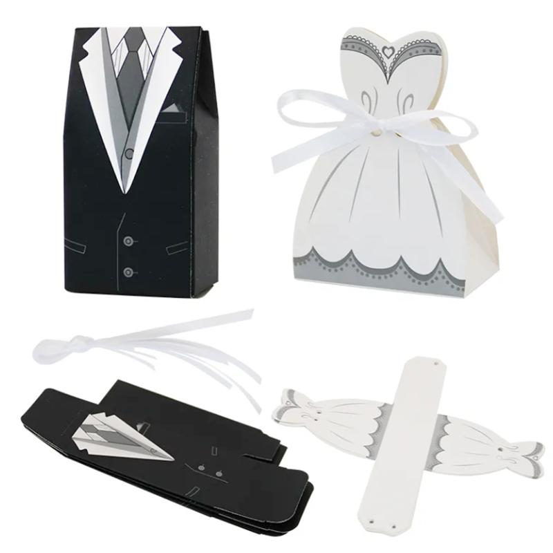 10 Stück Weiß Schwarz Süßigkeitenboxen Anzug Kleid Braut Bräutigam Goodie Box Papier Brautparty Geschenkbeutel Hochzeitsfeier Gastgeschenke Zubehör