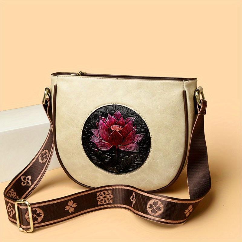 Retro Ethnic Style Crossbody Bag with Lotus Pattern for Ladies