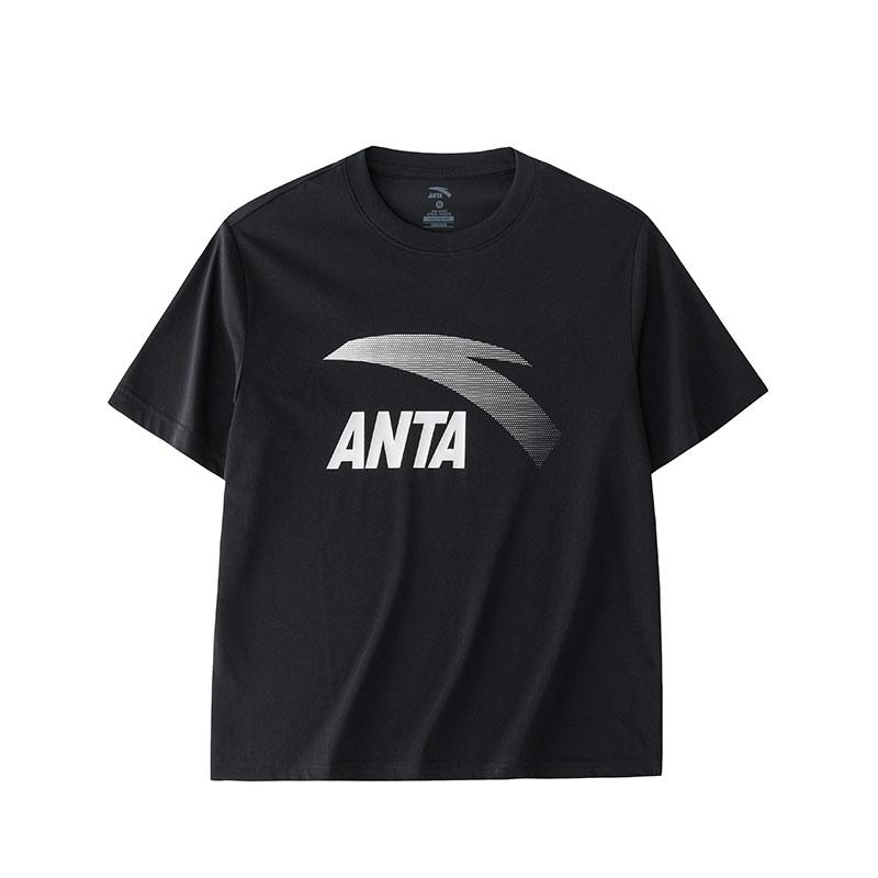 Anta Knitted Pullover Comfortable Casual Round Neck Short Sleeve T-Shirt Men Tops Basic-Black Silver 952428112-5