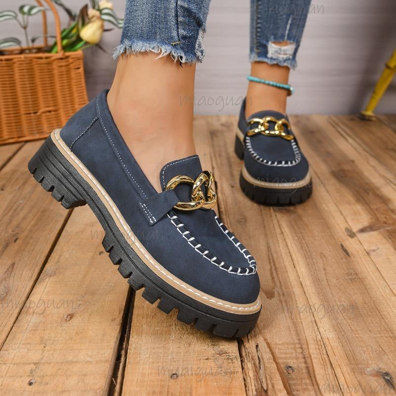 New Autumn Loafers for Women Plus Size 36-43 Metal Buckle Casual Shoes British Style Women's Shoes Chunky Heel Platform Pumps