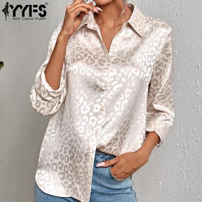 Damenmode Casual Sommer Frühling Leopardenmuster Langarm Polo-Ausschnitt Blusen & Hemden