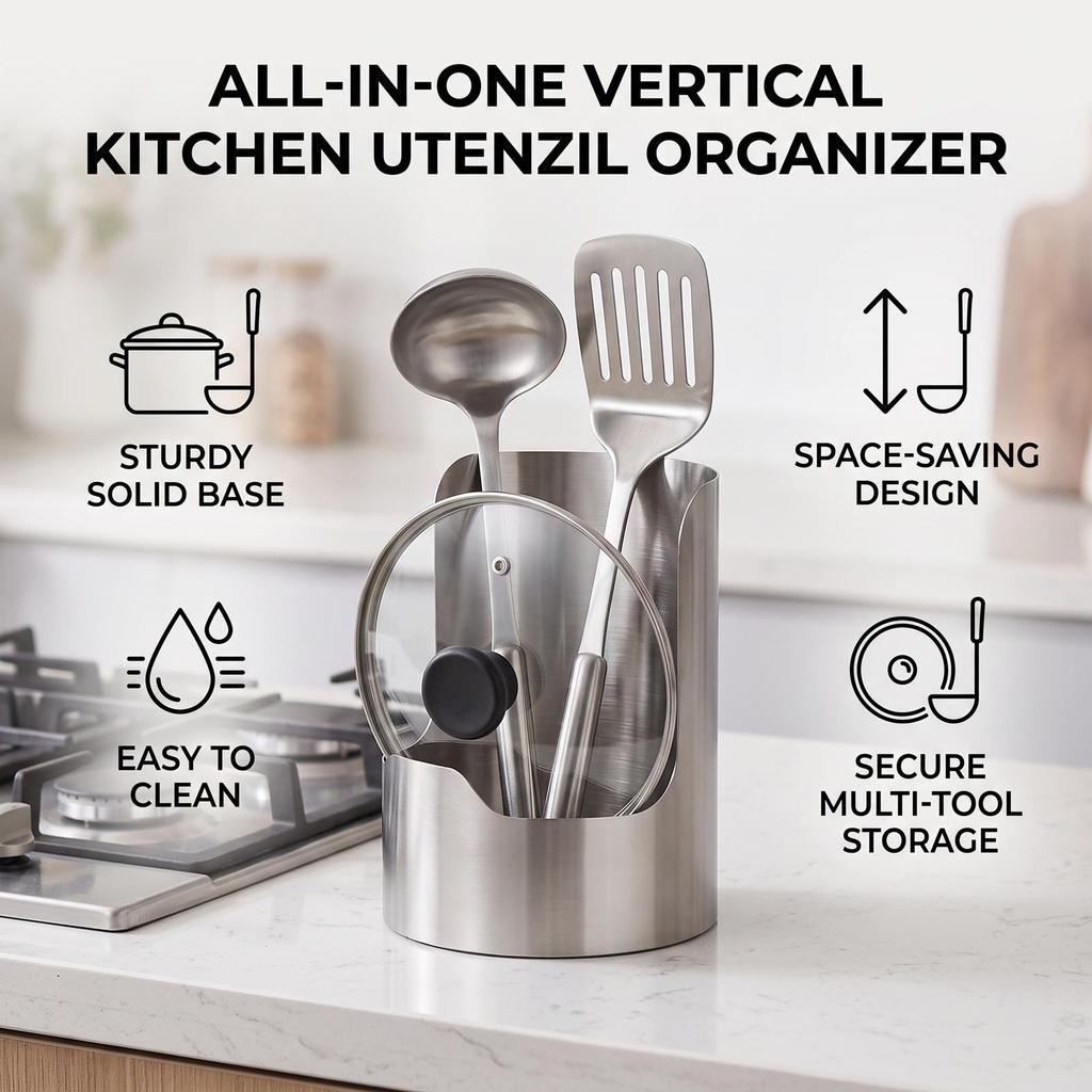 Stainless Steel Utensil Holder 2 In 1 Pot Lid Holder Kitchen Utensil Vertical Storage Space Saving For Small Kitchen Apartment