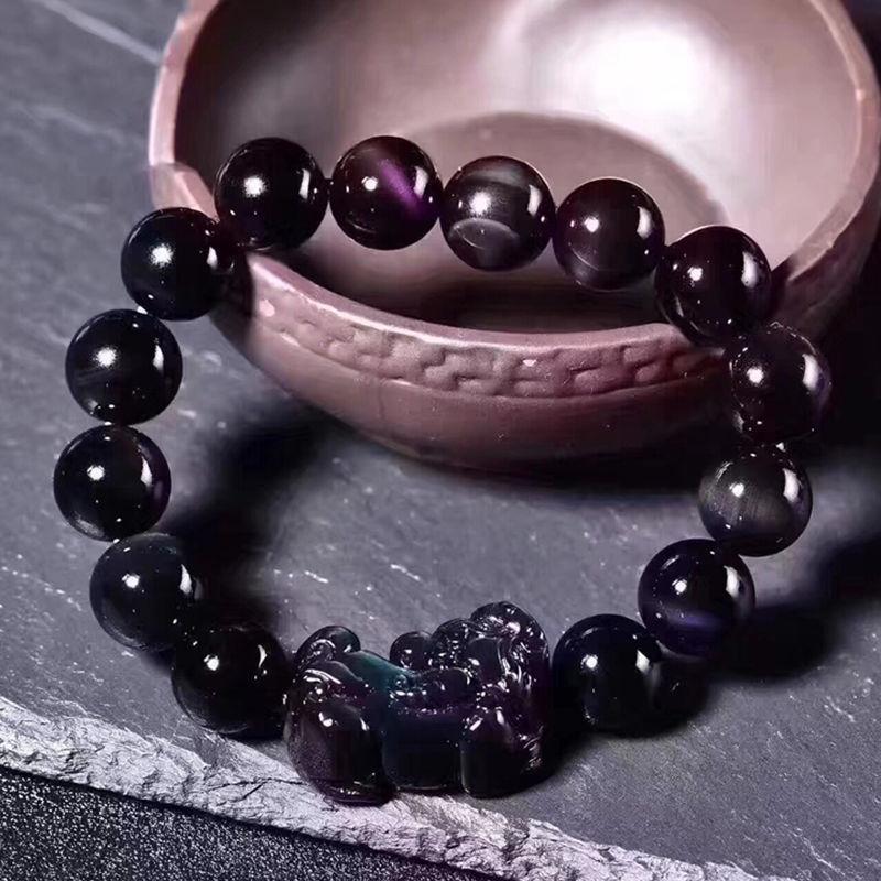 Natural Iridescent Black Obsidian Pixiu Bracelet New Single-loop Bracelet for Men and Women, Auspicious Gift Accessory