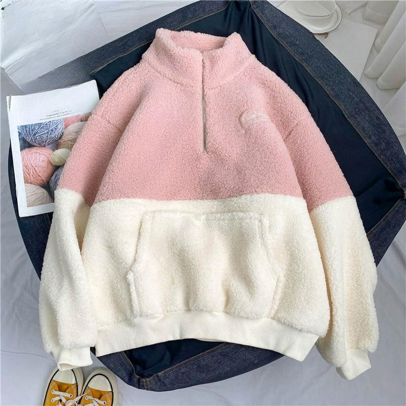 

Свитер с полувысоким воротником, утолщенный флисом из овечьей шерсти, женская теплая куртка на осень и зиму M розовый