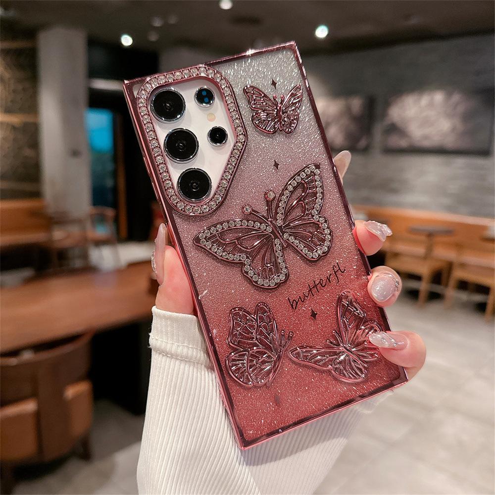 Electroplating Butterfly Applies To Samsung Samsung S25Ultra with Drill Point Drill S24 Glitter Gradual Change Mobile Phone Case A26