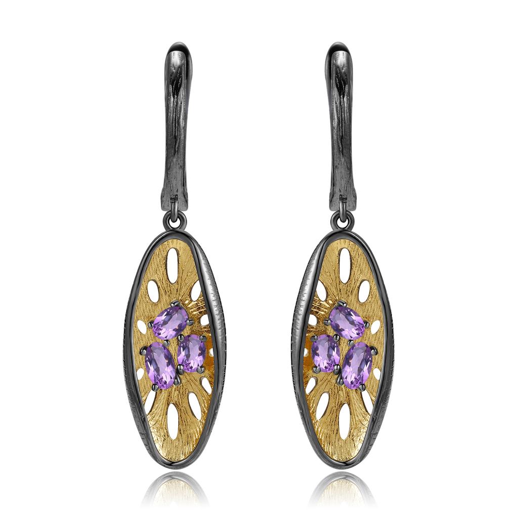 Italské řemeslné originální náušnice s drahokamem design 925 stříbrné přírodní ametystové náušnice