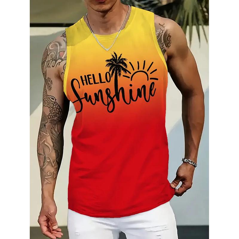 Summer Round Neck 3D Tropical Sunset & Palm Tree Printed Top Fashionable Casual Sport Sleeveless Women's Tank Tops