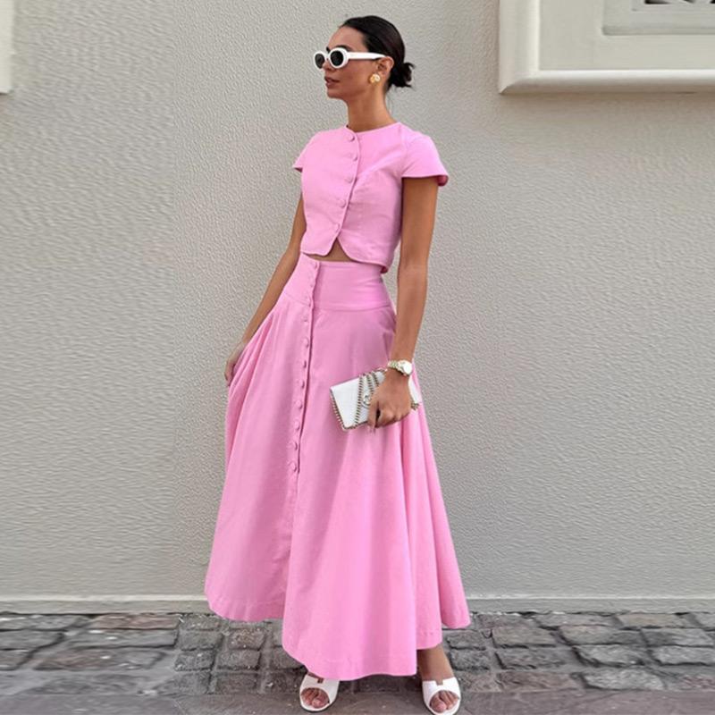 Women's Skirt Set Solid Color O-neck Short Sleeved Slim Top A-line Loose Short Skirt 2025 Summer New Fashion Women's Two-piece Set