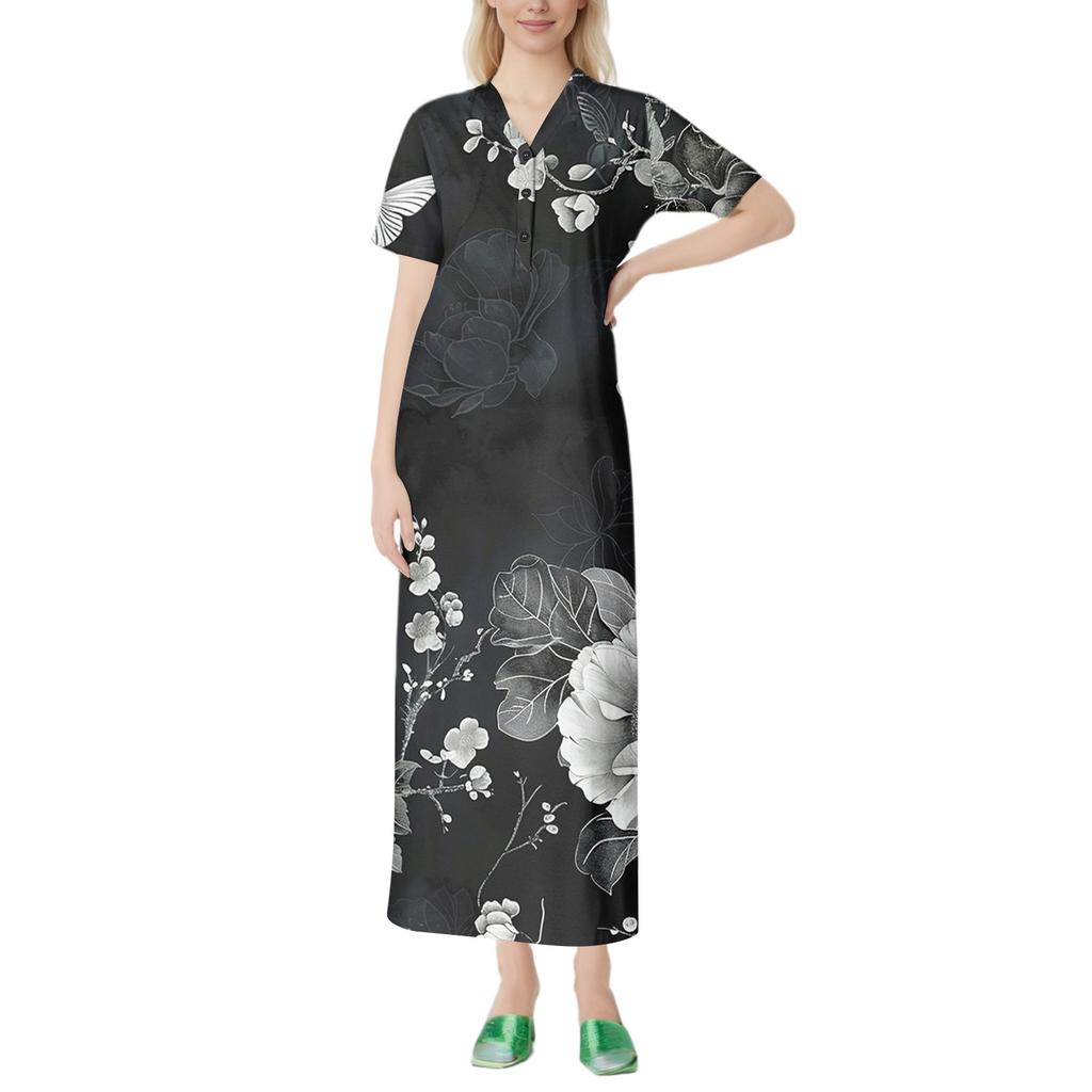 Women's Fashion Printed Nightgown Home Clothes Short Sleeve Nightgown With Pockets Long Dress