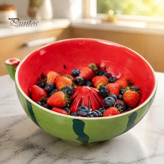 Küchengerät für frisches Obst und Gemüse Beeren-Waschschale, Erhöhtes Mittleres Abflussloch Obst-Spül-Keramik-Servierschale Trauben Selbst-Drehendes Sieb