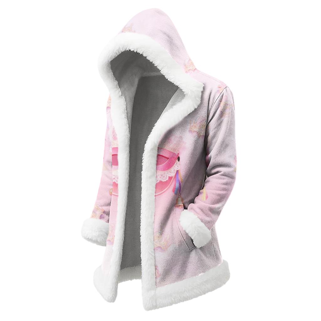 Unisex Casual And Fashionable Plush Collar Hooded Long Sleeved Carnival Print Jacket