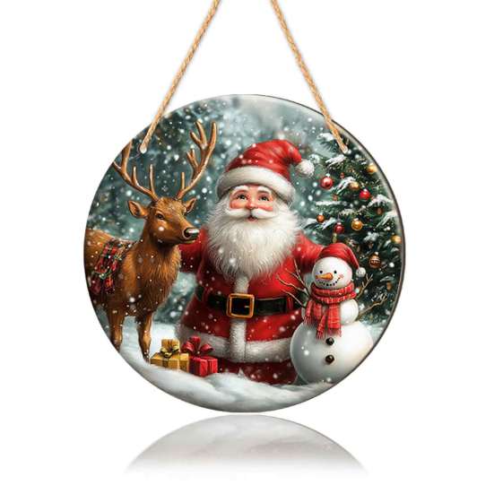 Winter Santa Wall Art Christmas Wooden Round Hanging Sign, Claus Highland Cow Theme Holiday Party Accents Door Decor, Farmhouse Welcome Ornament