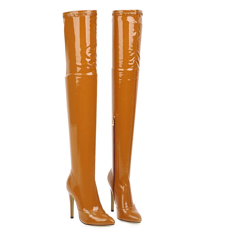 Stivali alti fino alla coscia sexy da donna, alla moda, neri, sopra il ginocchio, stivali alti, scarpe fetish, in pelle PU, punta affilata, tacco alto, scarpe lunghe, sottili