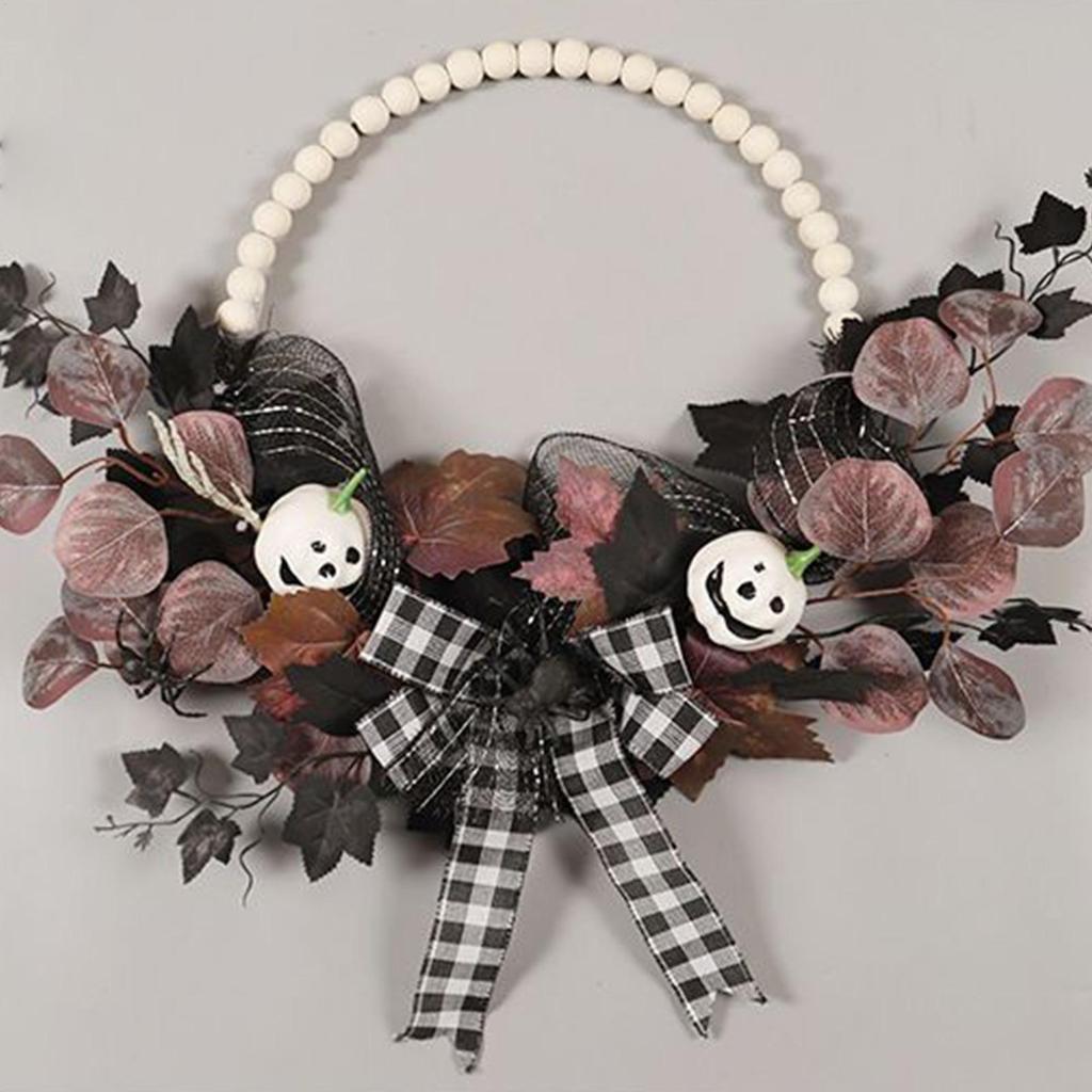 Läskig Halloweenkrans Konstgjord lönnlövsgirlang Spindel Pumpa Spöke Festlig krans 16 tum För kök Veranda Utomhus