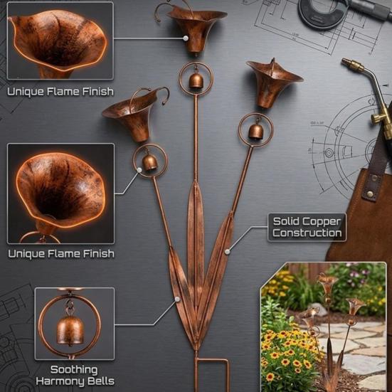 Yousheng 2 Pcs Flamed Copper Three Calla Lilies Garden Stake with Bells, Handmade Rain Catcher Flower, Metal Plant Yard Art, Rustic Wind Chime