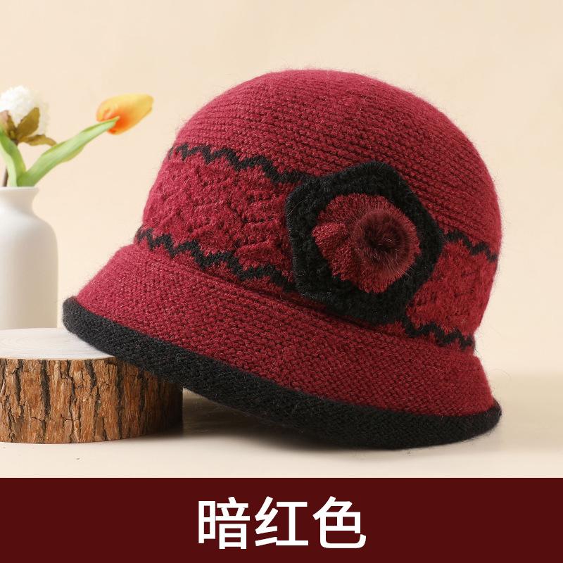 Wool Basin Hat Women's Autumn and Winter Rabbit Hair Blended Velvet Elegant Flower Mother Hat Elderly Warm Knitted Hat