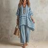 Dames gestreept print V-hals top met halve mouwen en wijde broek tweedelig set casual losse pasvorm zomeroutfit