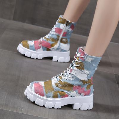 Neue Denim Damen Stiefel Damen Blockabsatz Plattform Runde Zehen Schuhe Denim Knöchel Damen Stiefel Jeans Casual Lace Up Bootsdr5