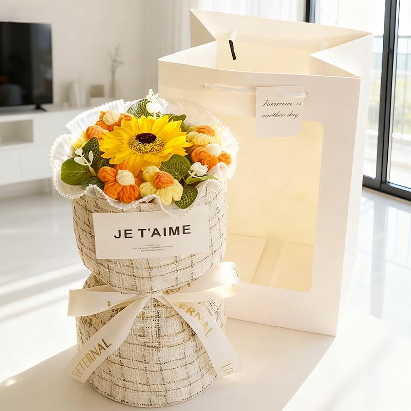 Sunflower Yarn Valentine's Day Soap Flower Bouquet - Graduation & Teacher's Day Gift, French Style Handheld Bouquet