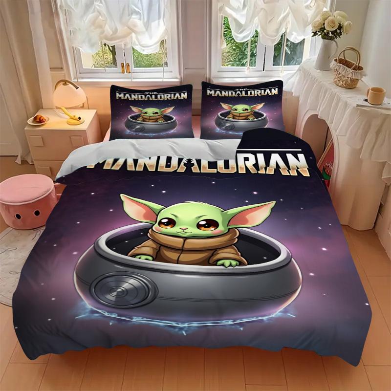 Baby Yoda Abenteuer Druck 3-teiliges Bettwäsche-Set Bettbezug mit 2 Kissenbezügen Zuhause Geburtstagsgeschenk