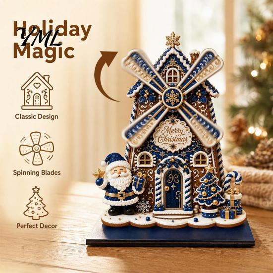 Wooden Holiday Tabletop Ornaments Christmas Windmill Ornament, 2D Rotating Decoration, Santa Gift for Family Centerpiece Table Mantel Shelf