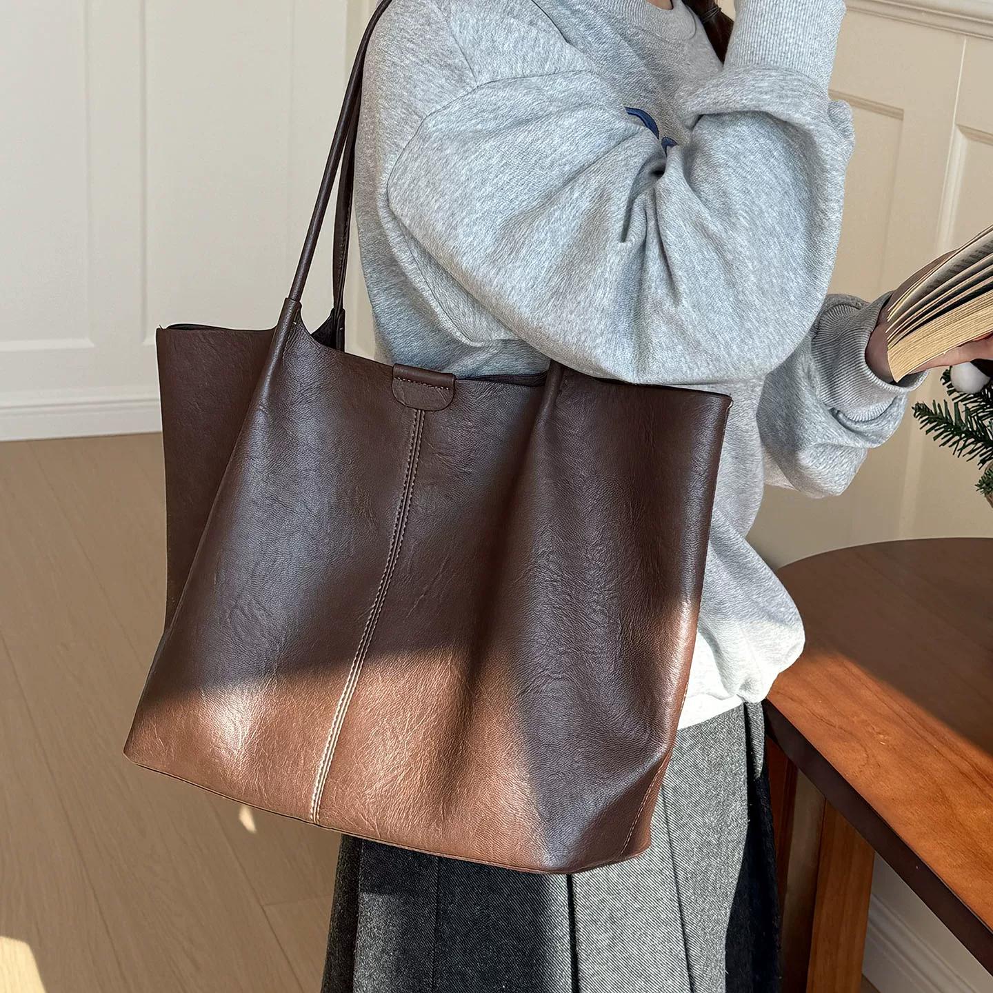 

Advanced Simple Solid Color Soft PU Leather Women s Shoulder Bags Large Capacity Female Tote Bag Versatile Ladies Handbags кавовий