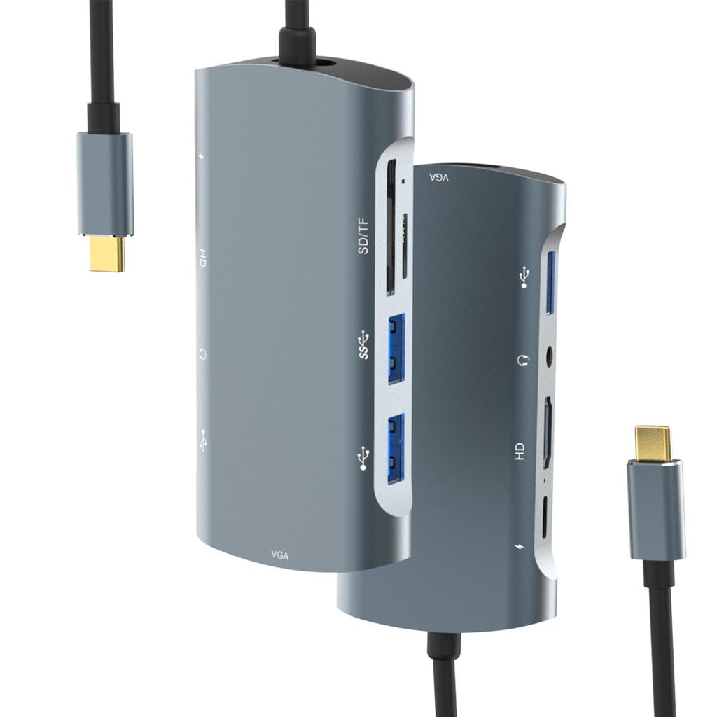 USB C Hub 9 In 1 Docking Station Type C M to PD+USB3.0+USB2.0*2+Card Reader+HD+VGA Support 4K*2K 30Hz Output