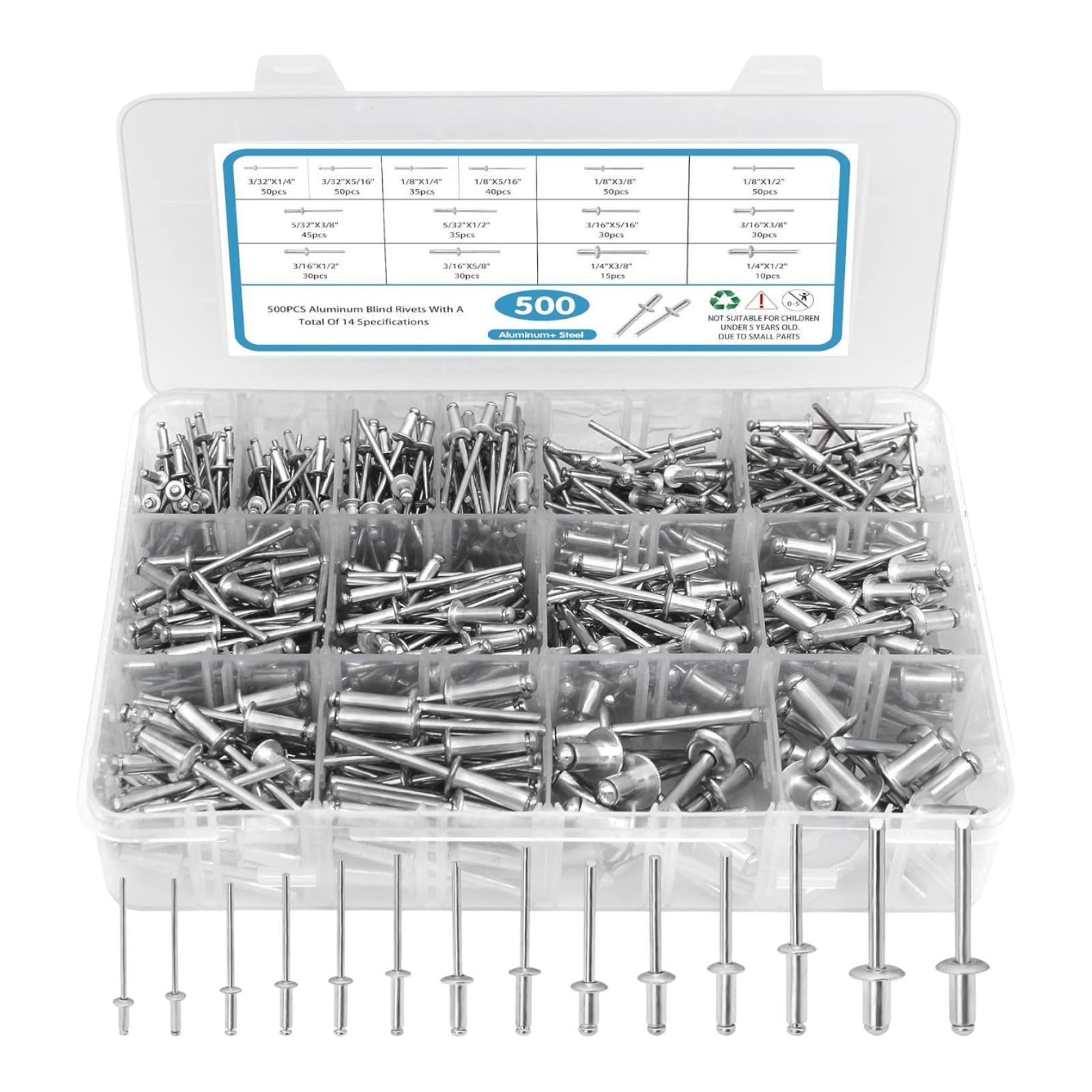 

500Pcs Blind Rivets Storage Open End Rivets Aluminum Steel 3/32 1/8 5/32 3/16 1/4 SAE for Automotive Metal Plumbing System срібний
