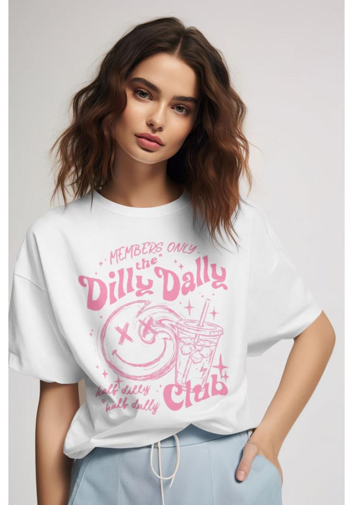 Dilly Dally Club Print Tshirts Women Summer Casual Loose Short Sleeve Tees Hipster Cute Aesthetic Astrology Tops