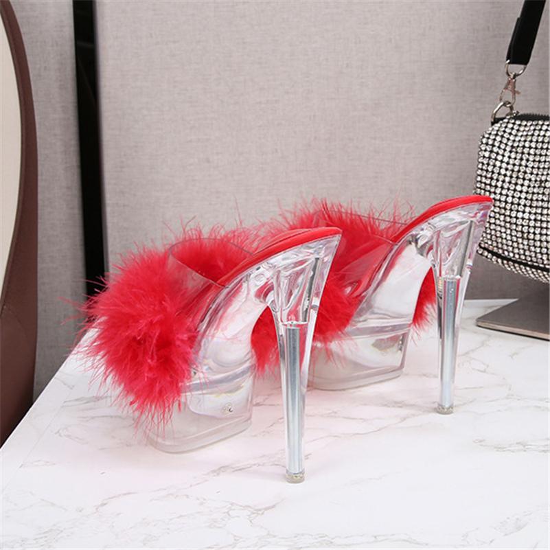 Women Summer 14cm High Heels 4cm Platform Slides Crystal Mules Lady Transparent Fur Slippers Extreme Clear Heels Sexy Shoes