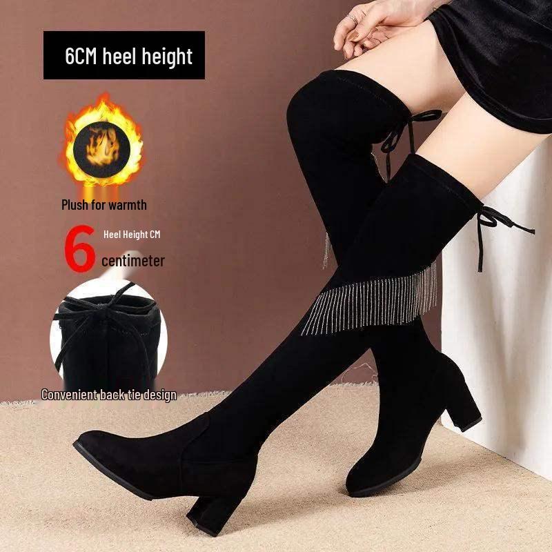 Damen Strass Quaste Wildleder Overknee Stiefel - Herbst 2025 Slim Fit Blockabsatz Hoher Schaft Stiefel