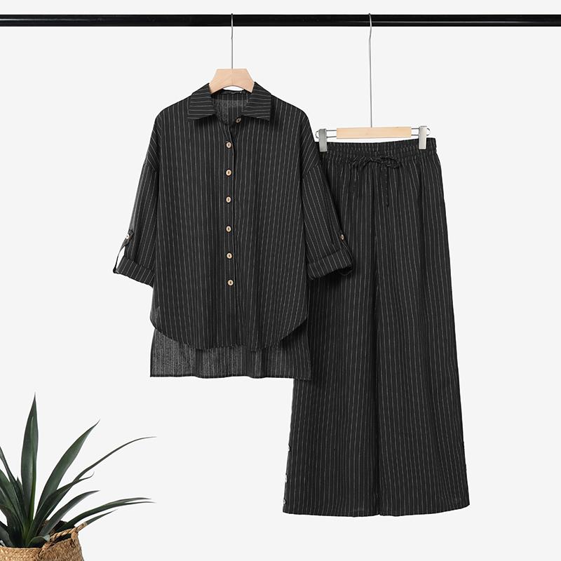 ZANZEA Seturi de Costume din Două Piese pentru Femei, cu Bluză cu Mânecă Lungă și Pantaloni Lungi, cu Dungi