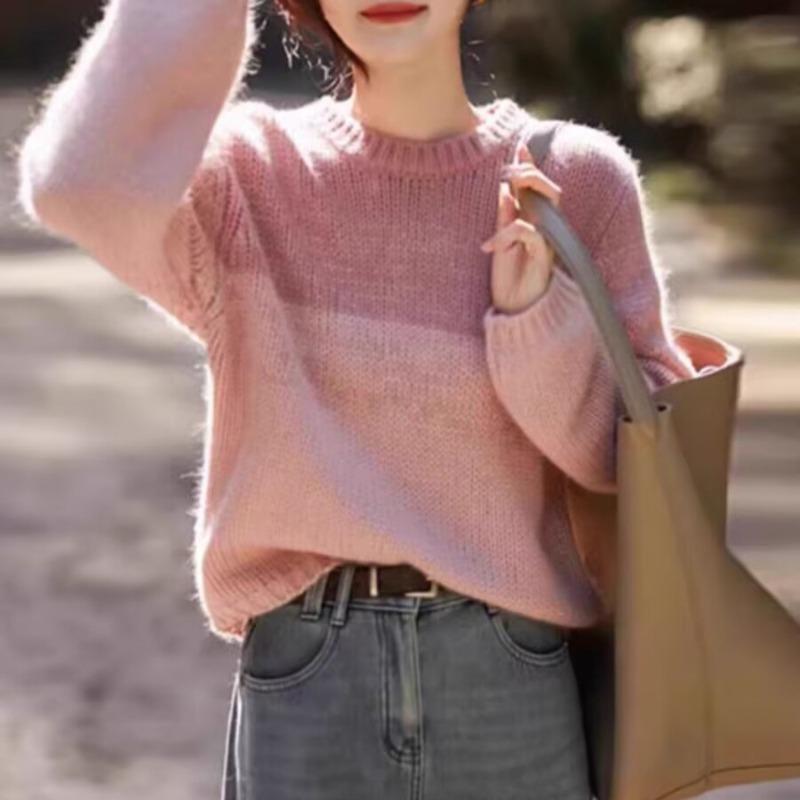 Autumn and Winter New Soft Waxy Color Matching Round Neck Pullover Women's Fashion Casual Loose Inner Bottoming Knitted Sweater