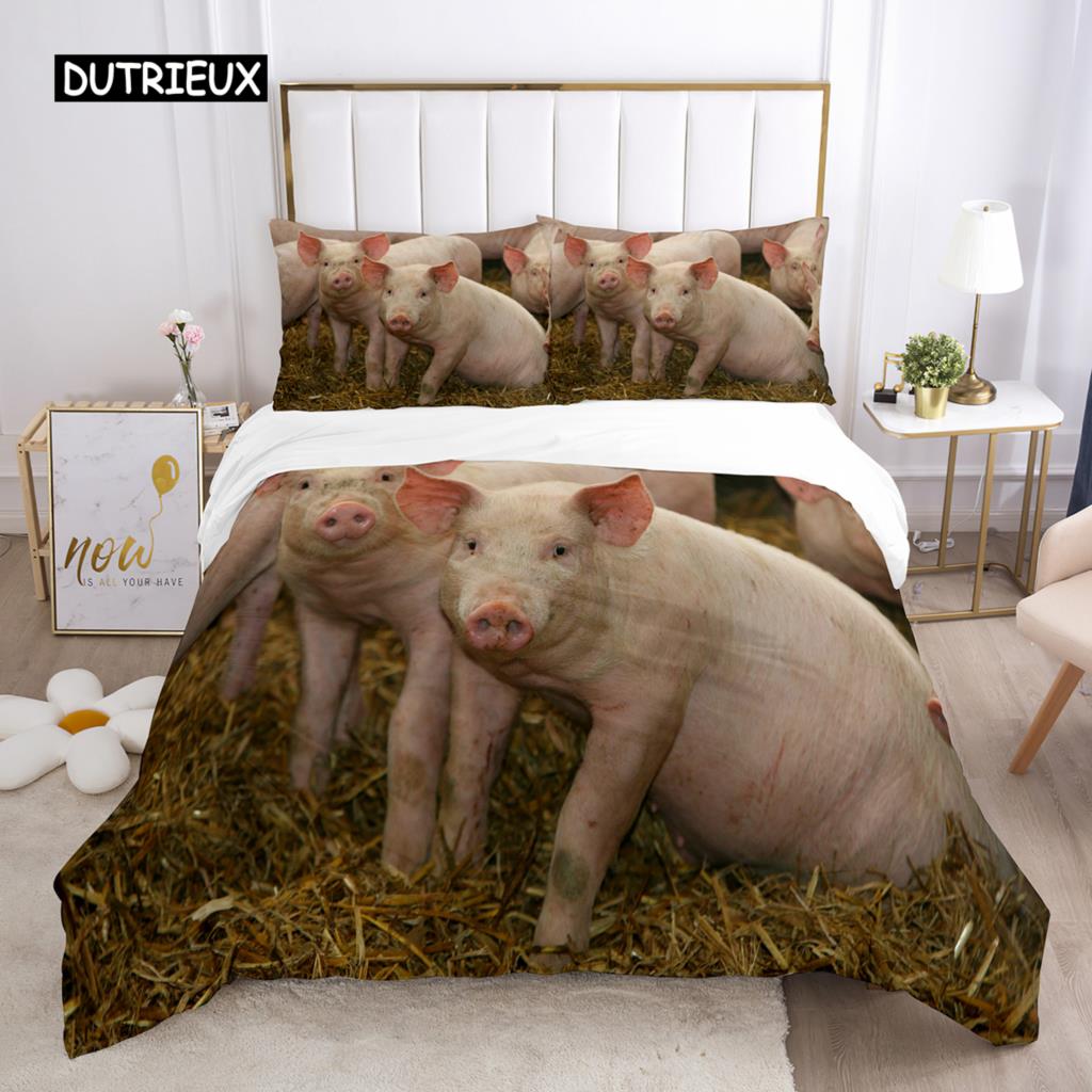 Pig Duvet Cover Set Queen Size Microfiber Cute Pig Animal Theme Twin Bedding Set Farm Animal 2/3pcs Quilt Cover for Boys Girls