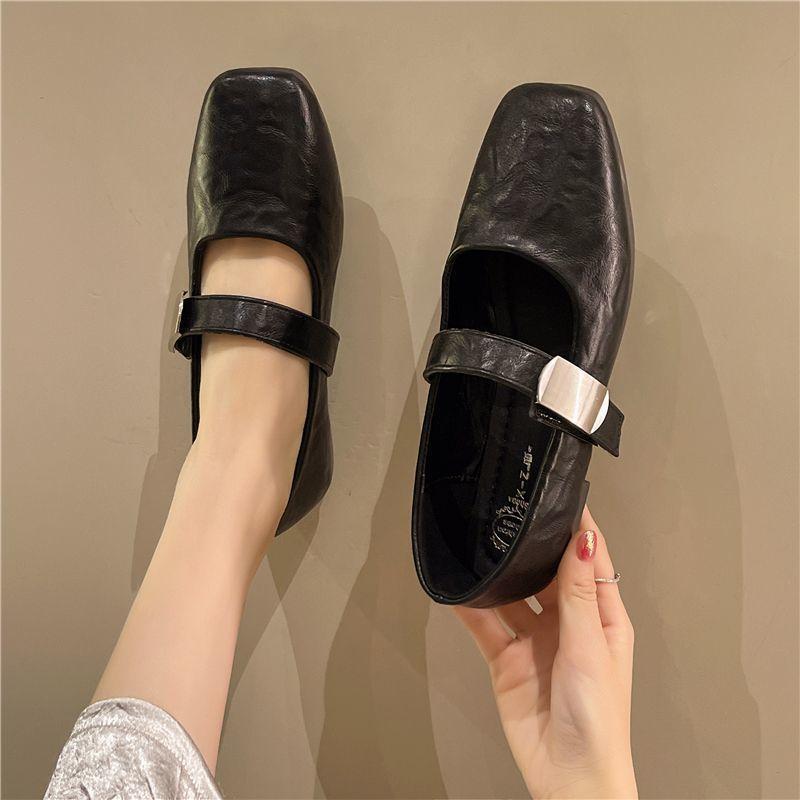 Large size flat low soft sole shallow mouth women's single shoes 2025 Mary retro student square head versatile pregnant women's light shoes