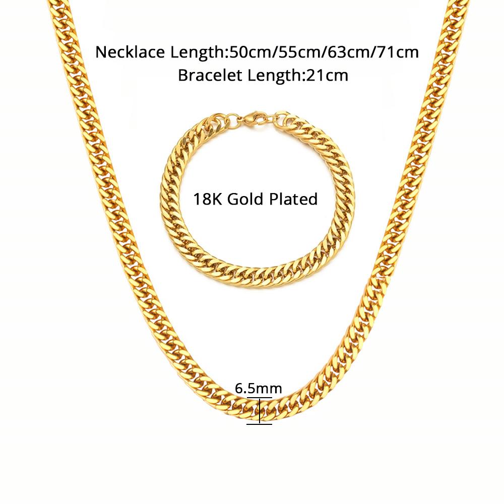 Punk Cuban Link Bracelet Necklace Set 6.5mm Gold Color Stainless Steel Chains for Men Women Dubai Fashion Party Jewelry Sets