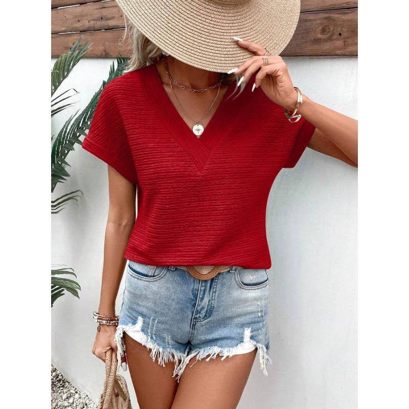 Spring and Summer Fashion Loose V-neck Short Sleeved T-shirt Top