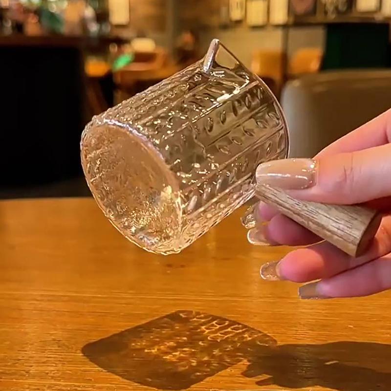 1Pc Wood Handle Glass Espresso Measuring Cup Diy Milk Jug Coffee Supplies Transparent Kitchen Measure Mug
