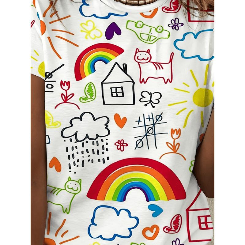 2026New Product Fun Graffiti Rainbow Cat Sunflower Print All-season Casual Tops Women's Short Sleeve