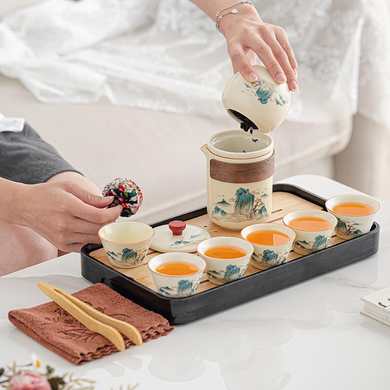 High-End Ru-Ofen Keramiktee benutzerdefiniertes Geschenk Vintage Prachtvolles Berg- und Fluss-Teeset Tragbares Business Nationaler Trend Set