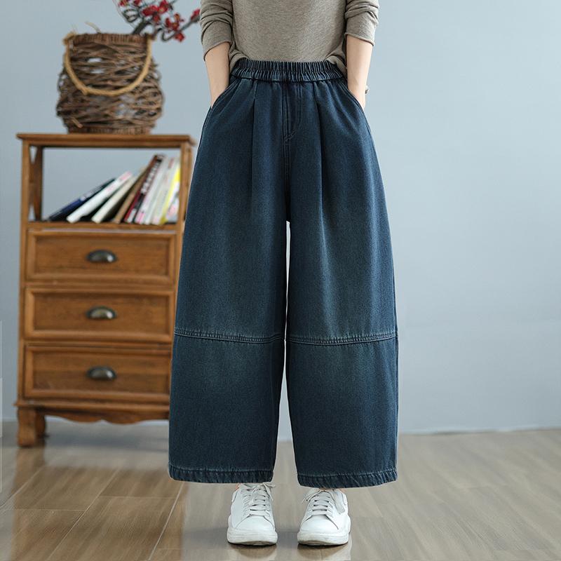 

DIMANAF 2025 Осень Зима Джинсы Женские Большой Размер Утепленные Флисом Винтажный Хлопок Деним Длинные Брюки Низ 2XL синий