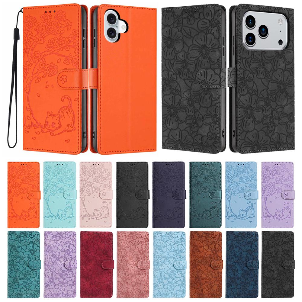 Luxury 3D Embossed Leather Wallet Case For iPhone Air 17 16E 16 Plus 15 14 Pro Max Book Shockproof Card Holder Phone Cover Strap