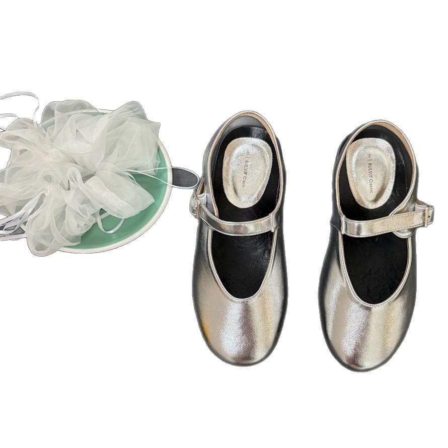 Spot~ Leather French Round Head Row Wind One-word Button Soft Sole Shallow Mouth Mary Jane Single Shoes Women's Flat Grandma Shoes