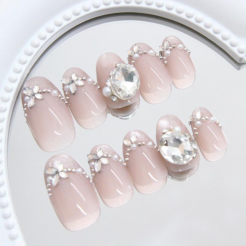 Explosive Cat's Eye French Pearl Pile Diamond Fashionable Sweet Girl European and American Ins Style Removable Nail Art 30 Pieces